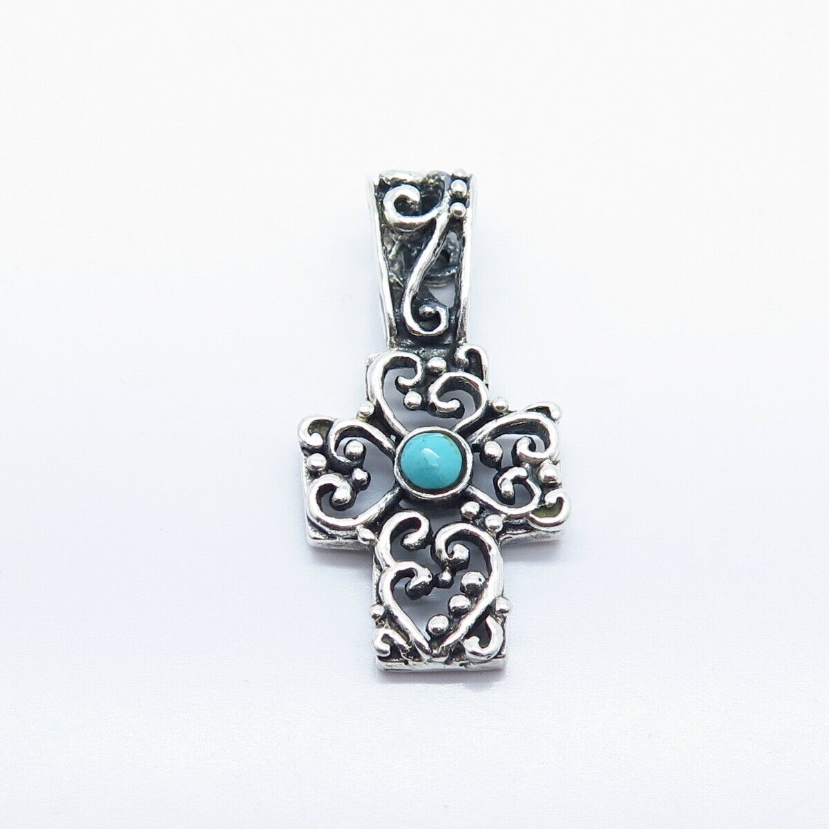 925 Sterling Silver Vintage Mexico Real Turquoise Gemstone Ornate Cross Pendant