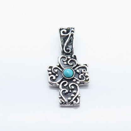 925 Sterling Silver Vintage Mexico Real Turquoise Gemstone Ornate Cross Pendant