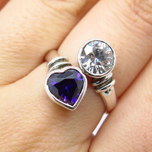 925 Sterling Silver White & Amethyst-Tone C Z Overlap Ring Size 7.5