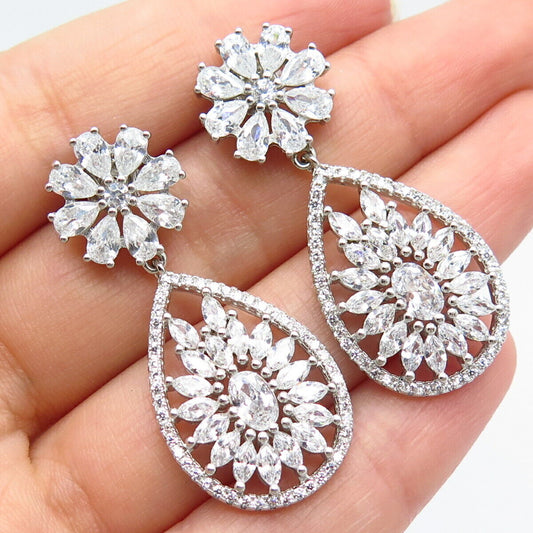 925 Sterling Silver C Z Floral Dangling Drop Earrings