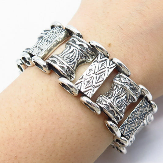 925 Sterling Silver Vintage Cynthia Gail Tribal Panel Link Bracelet 7.75"