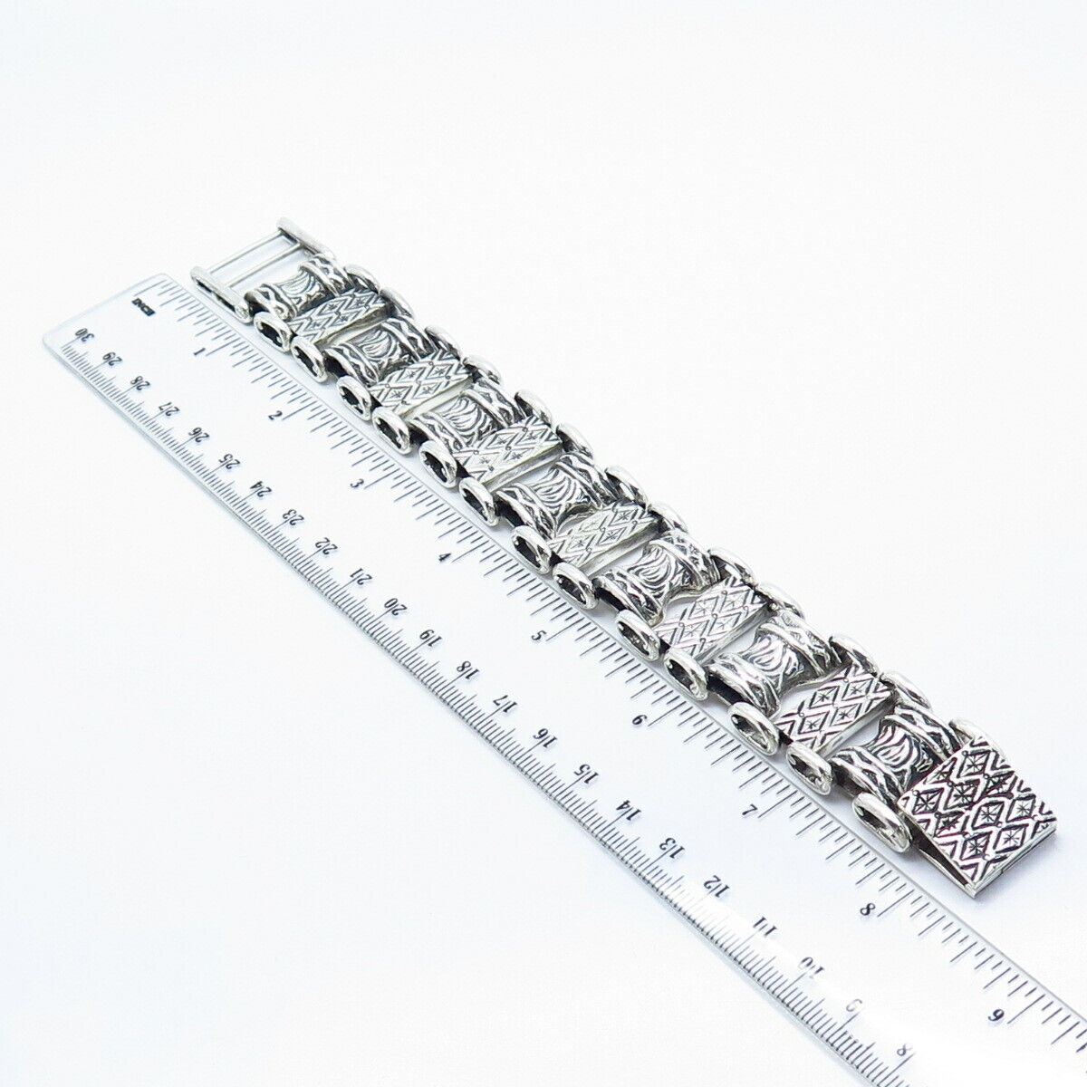 925 Sterling Silver Vintage Cynthia Gail Tribal Panel Link Bracelet 7.75"