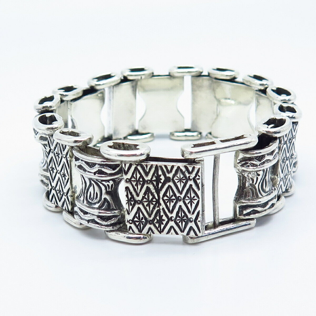 925 Sterling Silver Vintage Cynthia Gail Tribal Panel Link Bracelet 7.75"