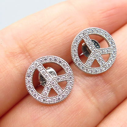 925 Sterling Silver C Z Symbol of Peace Stud Earrings