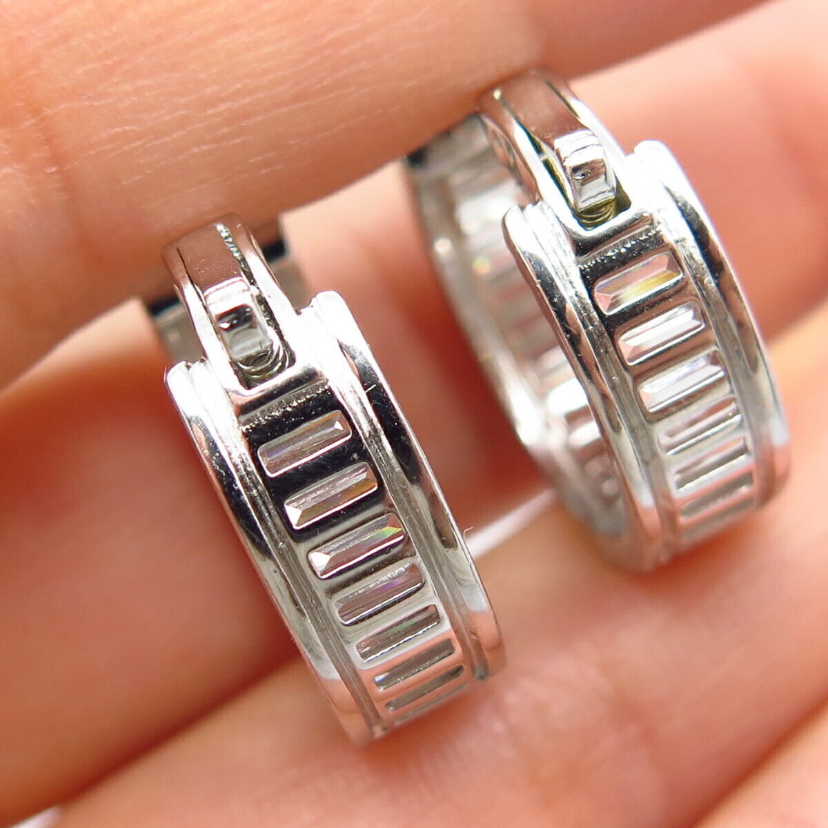 925 Sterling Silver C Z Radiant-Cut Half Hoop Earrings