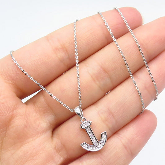 925 Sterling Silver Italy C Z Anchor Rolo Chain Necklace 18"