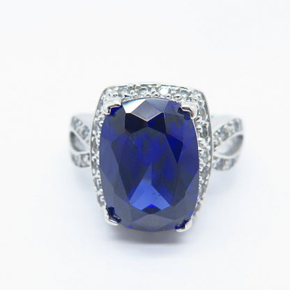 925 Sterling Silver White & Blue C Z Radiant-Cut Ring Size 7