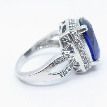 925 Sterling Silver White & Blue C Z Radiant-Cut Ring Size 7