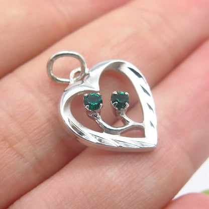 925 Sterling Silver Vintage Diopside-Tone C Z Heart Charm Pendant