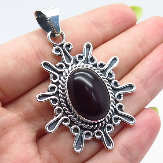 925 Sterling Silver Vintage Mexico Real Carnelian Gemstone Ornate Pendant