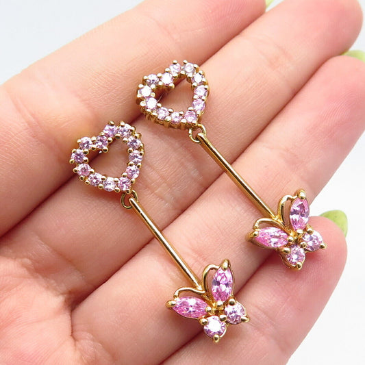 925 Sterling Silver Gold Plated Pink C Z Butterfly Heart Dangling Earrings