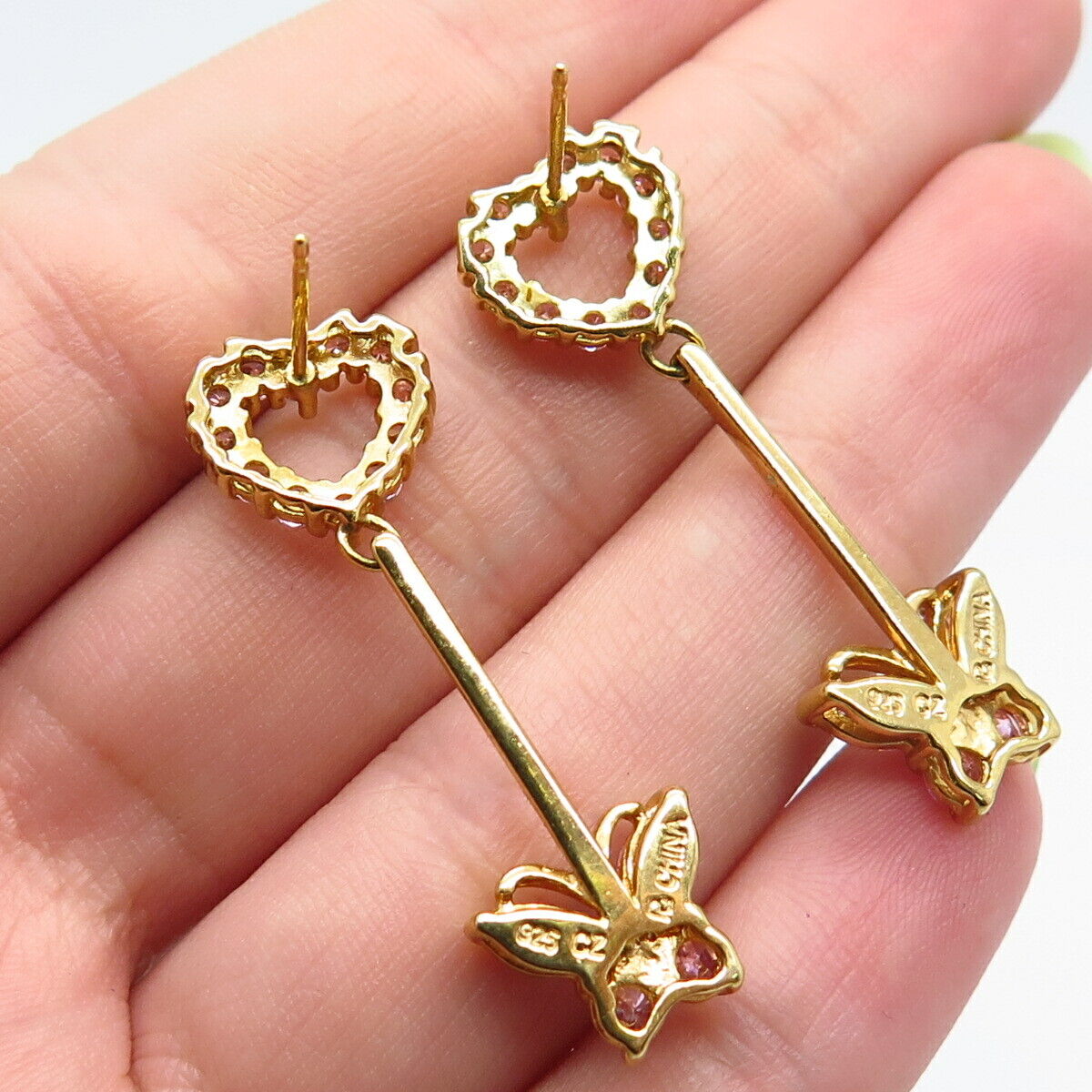 925 Sterling Silver Gold Plated Pink C Z Butterfly Heart Dangling Earrings