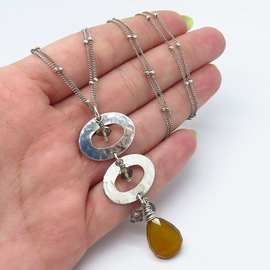 925 Sterling Silver Vintage Real Smoky Quartz & Agate Gem Ethnic Necklace 16"