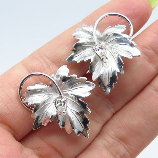 925 Sterling Silver Vintage Carl Art Rhinestone Leaf Screw Back Earrings