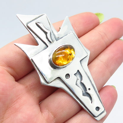 925 Sterling Silver Vintage Real Amber Modernist Cross Pin Brooch / Pendant