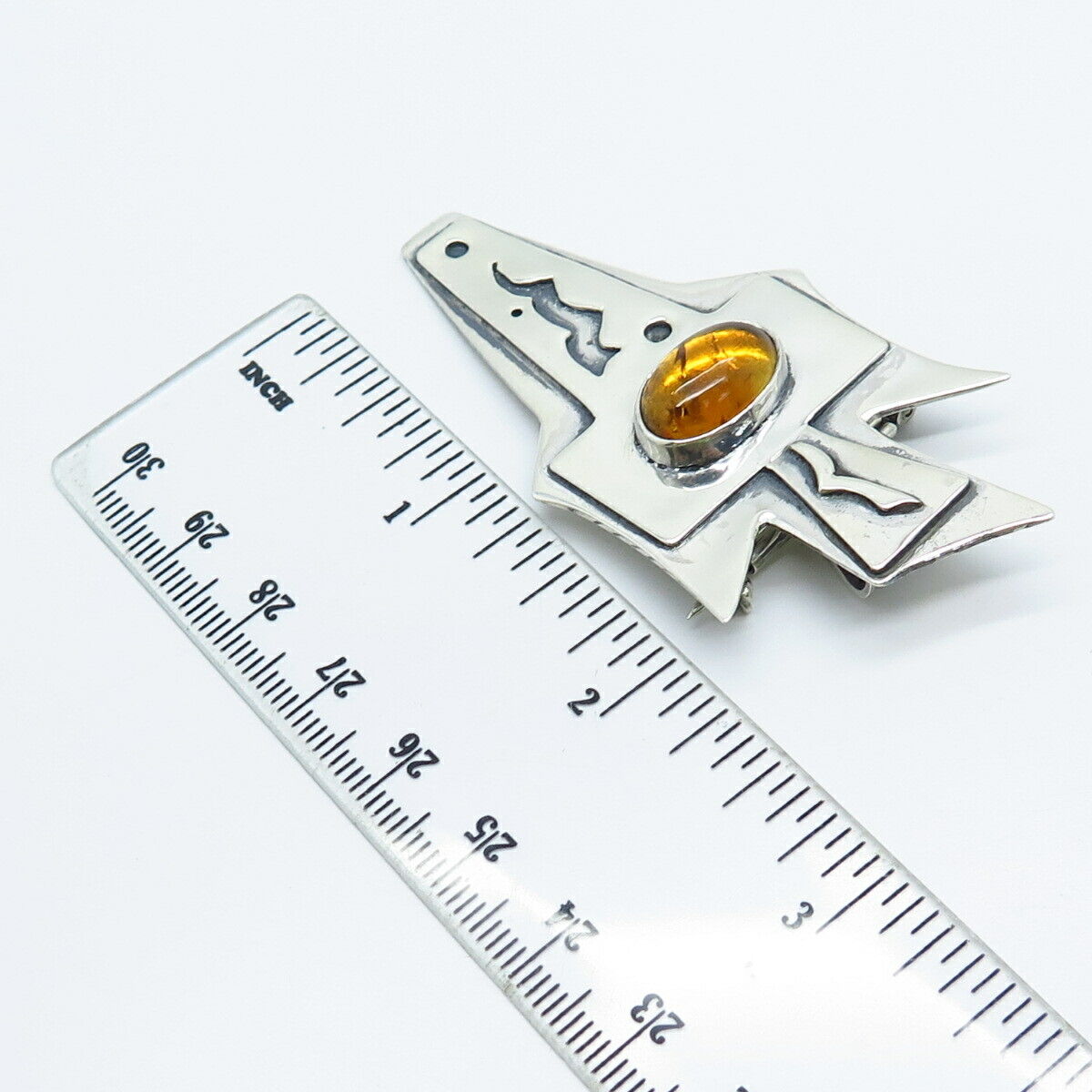 925 Sterling Silver Vintage Real Amber Modernist Cross Pin Brooch / Pendant