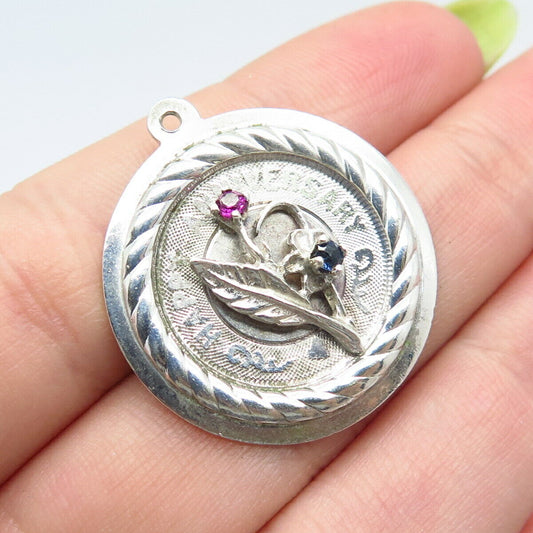 925 Sterling Silver Vintage Multi-Color C Z Floral Charm Pendant