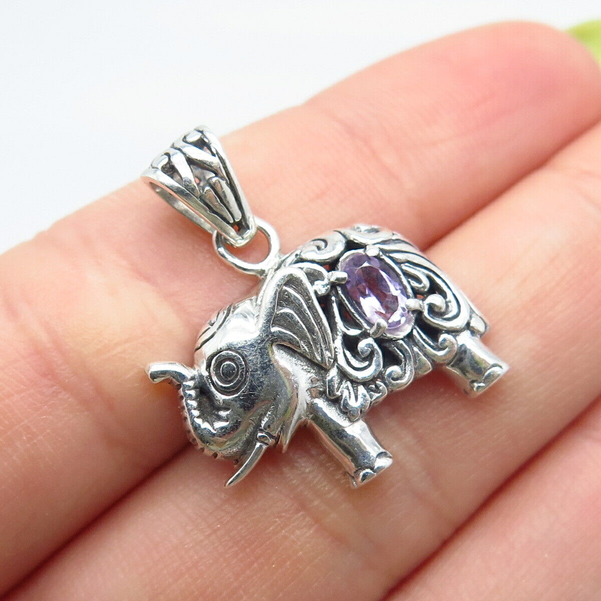 925 Sterling Silver Vintage Real Amethyst Gem Elephant For Good Luck Pendant