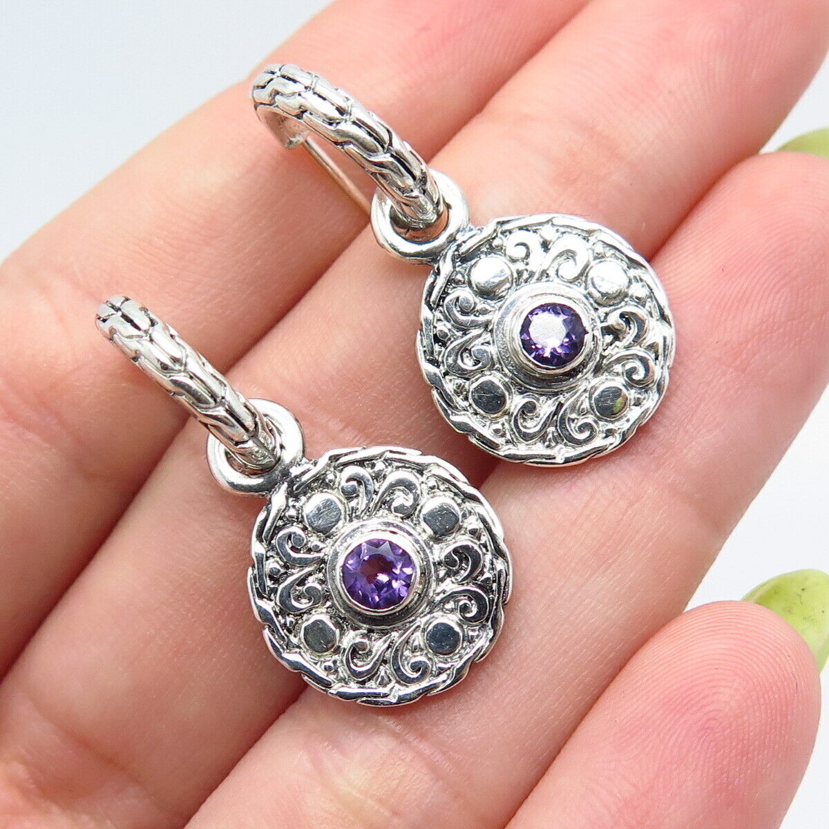 925 Sterling Silver Real Amethyst Gemstone Ornate Dangling Earrings