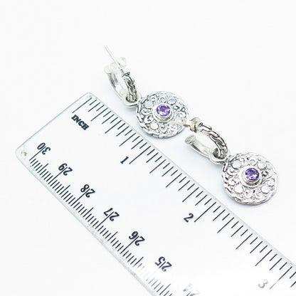 925 Sterling Silver Real Amethyst Gemstone Ornate Dangling Earrings