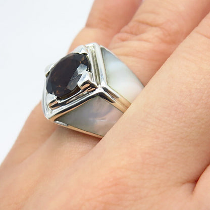 925 Sterling Silver Vintage Real Mother-of-Pearl & Smoky Quartz Ring Size 6.25