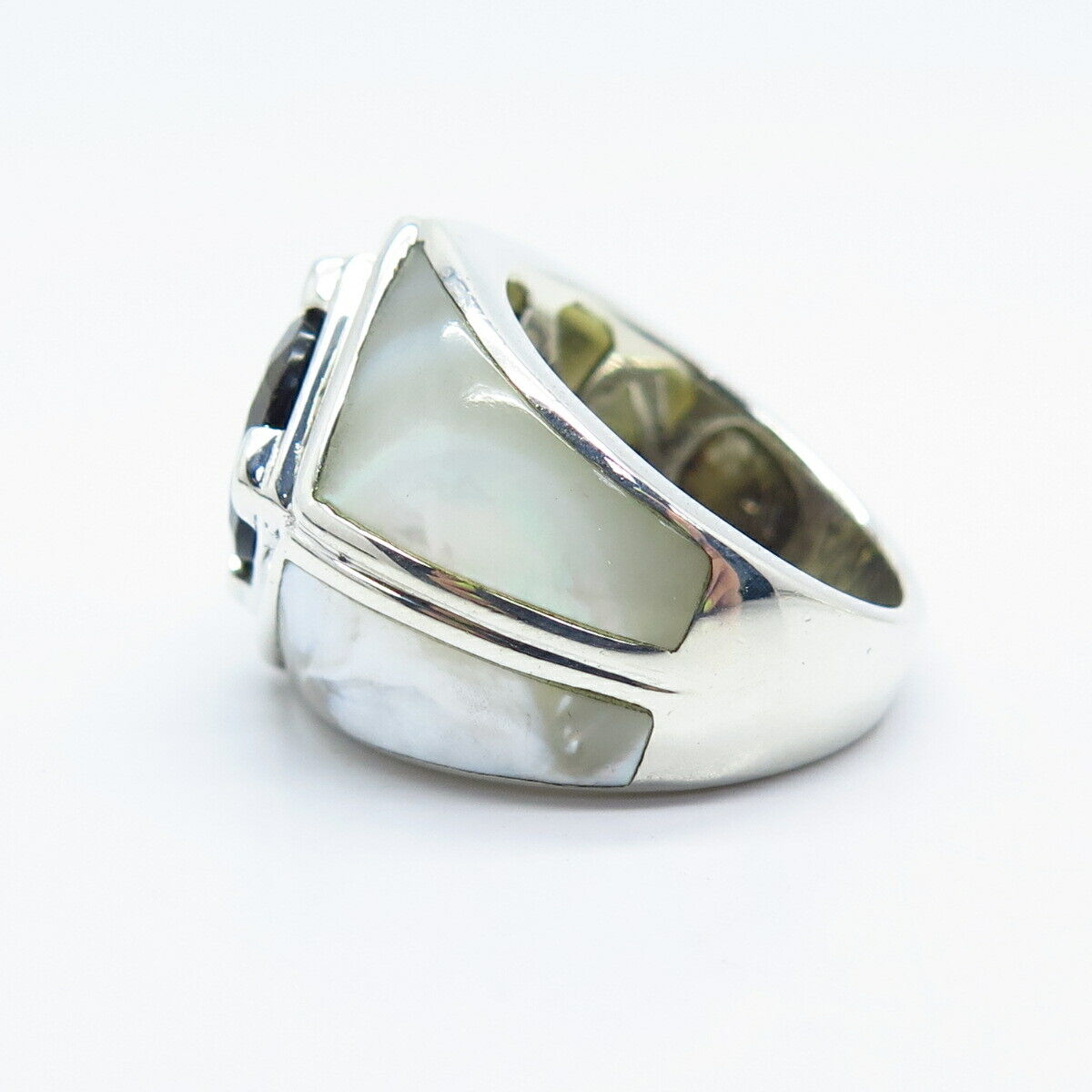 925 Sterling Silver Vintage Real Mother-of-Pearl & Smoky Quartz Ring Size 6.25