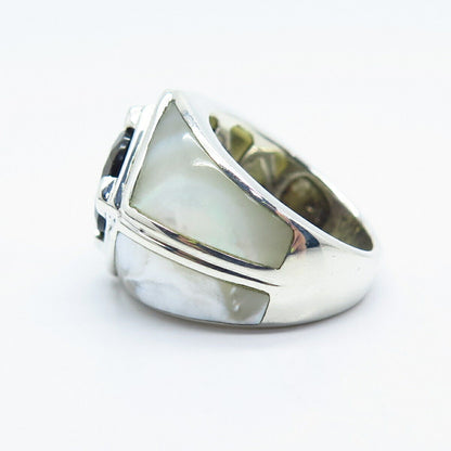 925 Sterling Silver Vintage Real Mother-of-Pearl & Smoky Quartz Ring Size 6.25