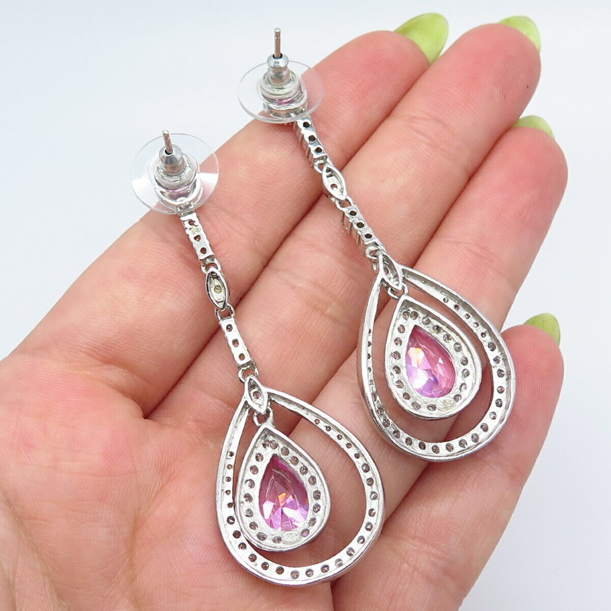 925 Sterling Silver White & Pink C Z Teardrop Dangling Earrings