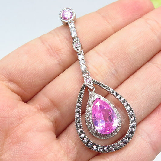 925 Sterling Silver White & Pink C Z Teardrop Dangling Pendant