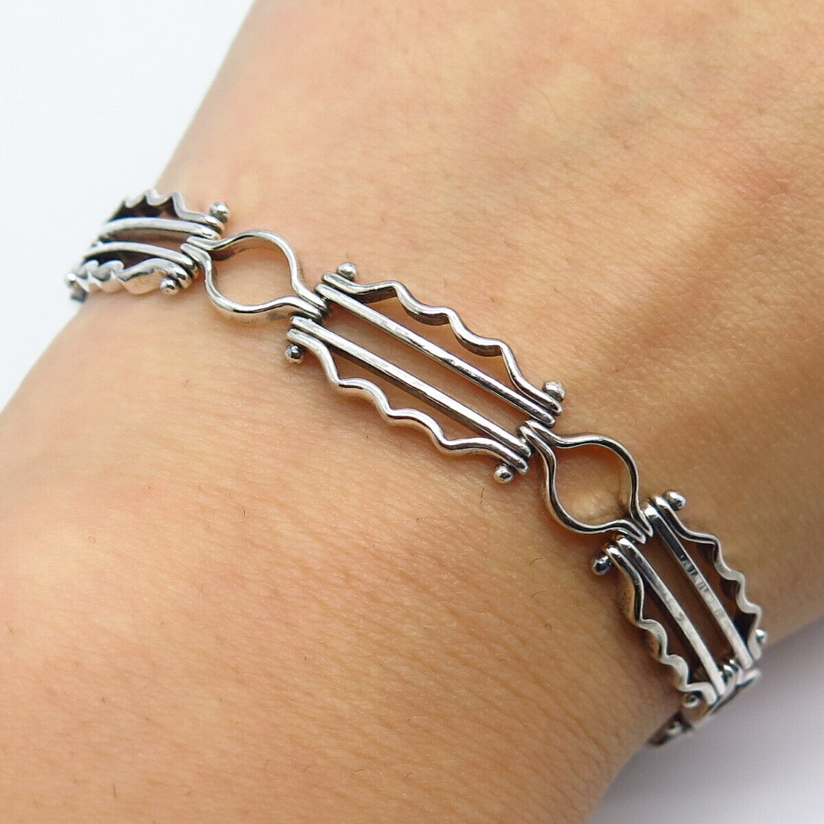 925 Sterling Silver Italy Water Pattern Panel Link Bracelet 6.75"