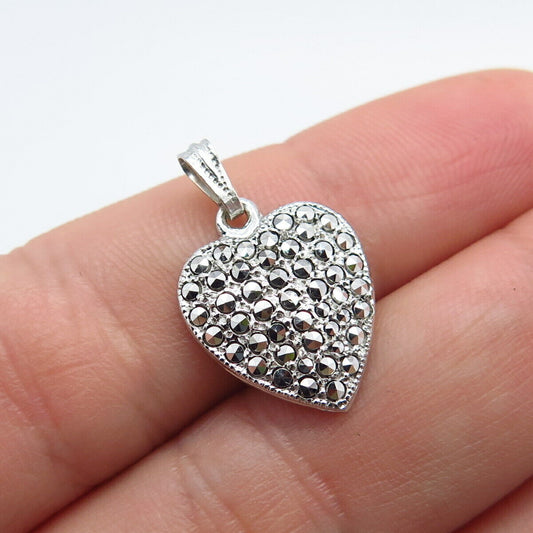 925 Sterling Silver Vintage Real Marcasite Gemstone Heart Pendant