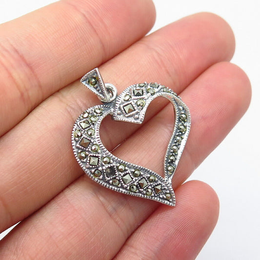 925 Sterling Silver Vintage Real Marcasite Gemstone Open Heart Pendant