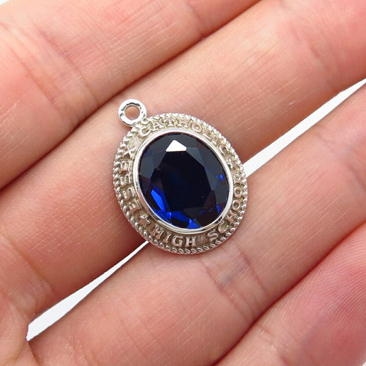 925 Sterling Silver Vintage Blue Glass "Essex Catholic School" Pendant