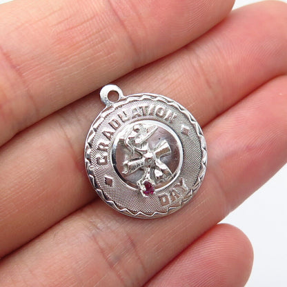 925 Sterling Silver Vintage Pink C Z Graduation Day Charm Pendant