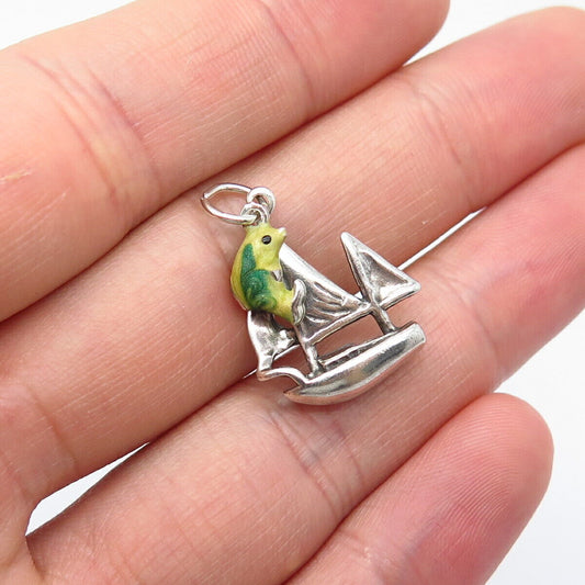 925 Sterling Silver Vintage Shube Enamel Sail Boat & Fish Pendant