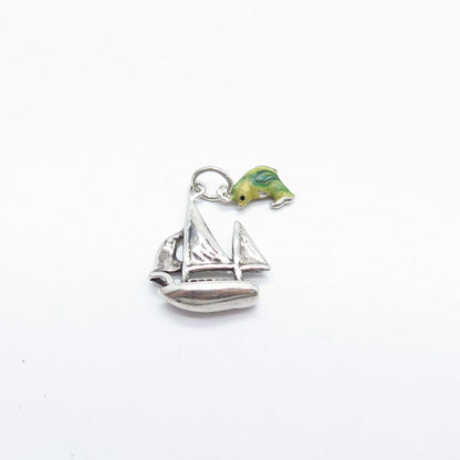 925 Sterling Silver Vintage Shube Enamel Sail Boat & Fish Pendant