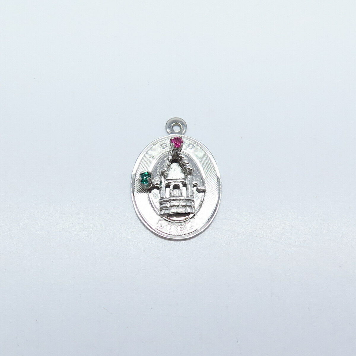 925 Sterling Silver Vintage Pink & Green Rhinestone "Good Luck" Charm Pendant