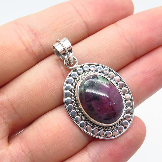 925 Sterling Silver Vintage Real Ruby Zoisite Gem Dotted Oval Pendant