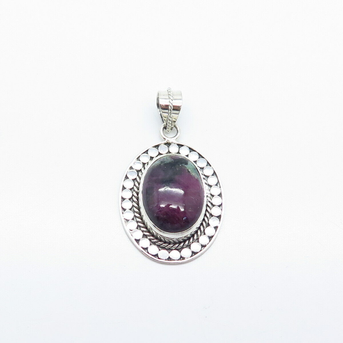 925 Sterling Silver Vintage Real Ruby Zoisite Gem Dotted Oval Pendant