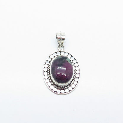 925 Sterling Silver Vintage Real Ruby Zoisite Gem Dotted Oval Pendant