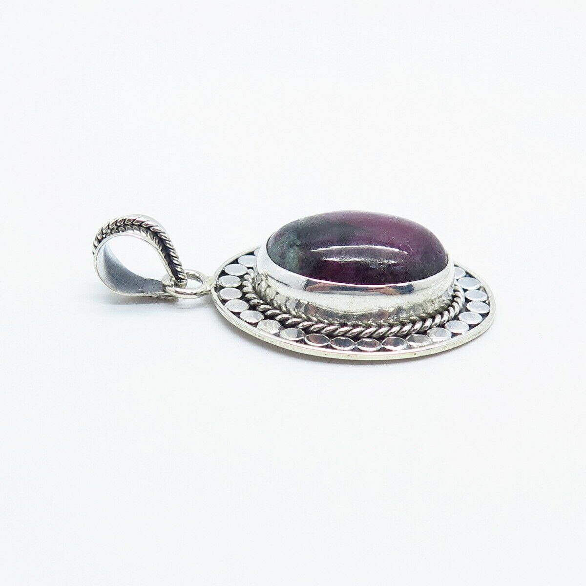 925 Sterling Silver Vintage Real Ruby Zoisite Gem Dotted Oval Pendant