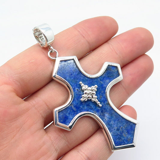 925 Sterling Silver Vintage Whitney Kelly Real Lapis Lazuli Gem Cross Pendant