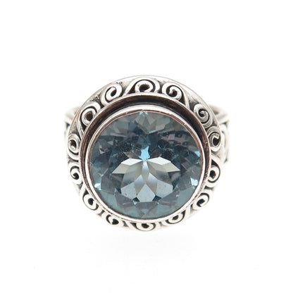 Suarti Bali 925 Sterling Silver Vintage Real Blue Topaz Spiral Ring Size 6.75