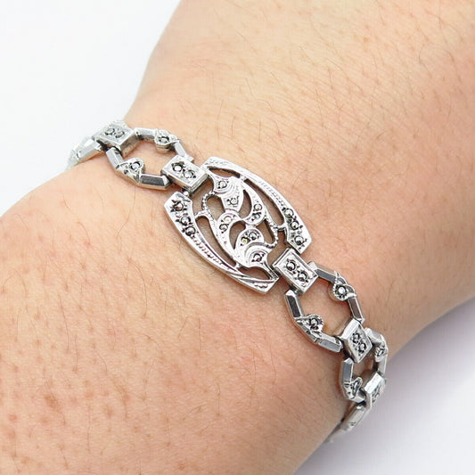 925 Sterling Silver Antique Real Marcasite Gemstone Panel Link Bracelet 7"