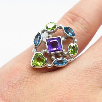 925 Sterling Silver Blue Topaz Amethyst & Peridot Gemstone Ring Size 6.5