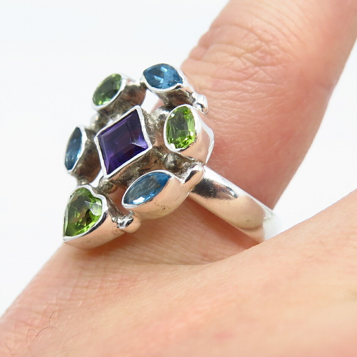 925 Sterling Silver Blue Topaz Amethyst & Peridot Gemstone Ring Size 6.5