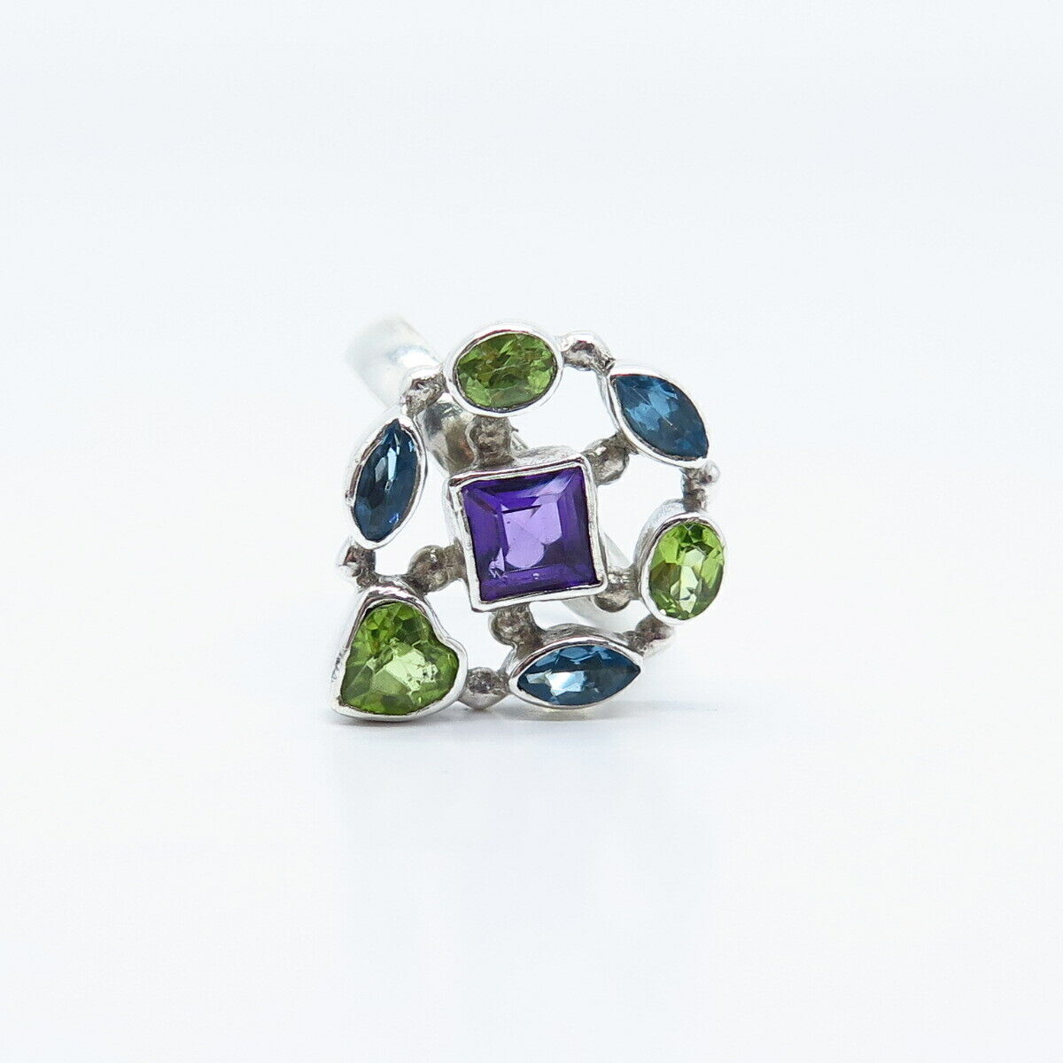 925 Sterling Silver Blue Topaz Amethyst & Peridot Gemstone Ring Size 6.5