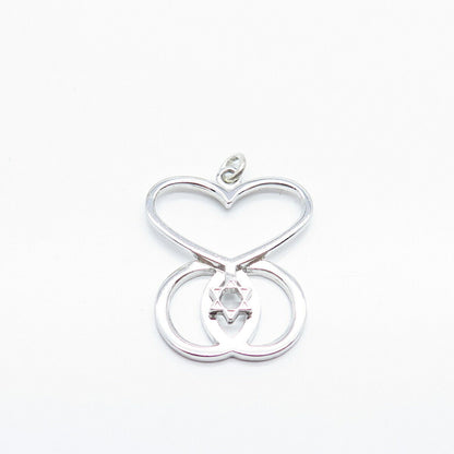 925 Sterling Silver Vintage Heart Star of David Judaica Pendant