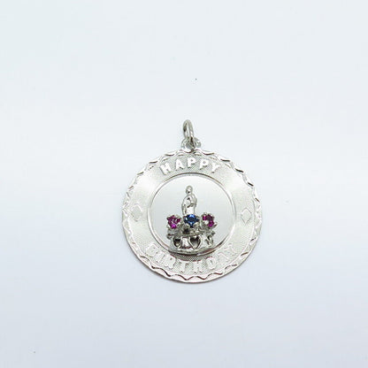 925 Sterling Silver Vintage Crea Rhinestone "Happy Birthday" Pendant