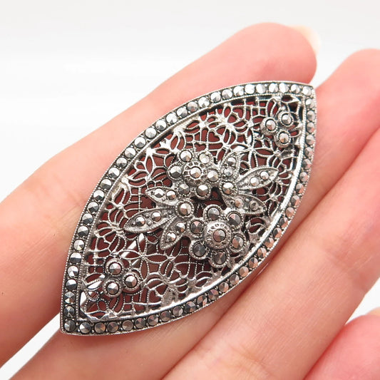 925 Sterling Silver Vintage Real Marcasite Gemstone Floral Ornate Pin Brooch